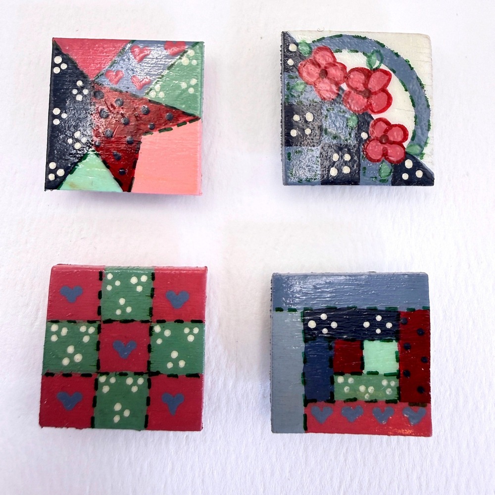 Hand Painted Folk Art Wooden Button Cover Set Hearts Floral Patchwork Country